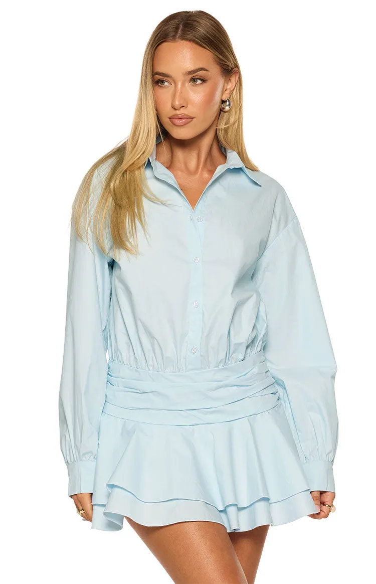 Nicolaini Light Blue Long Sleeve Mini Shirt Dress sold by Beginning Boutique product image thumbnail 2