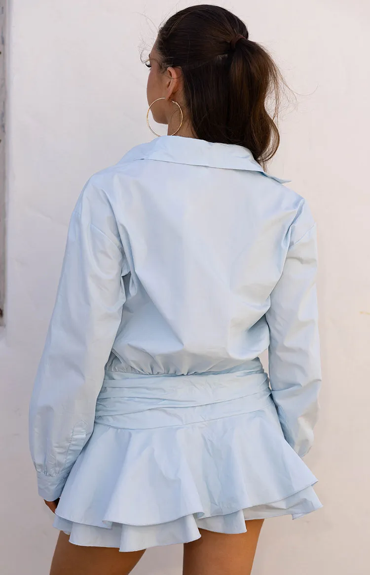 Nicolaini Light Blue Long Sleeve Mini Shirt Dress sold by Beginning Boutique product image thumbnail 4