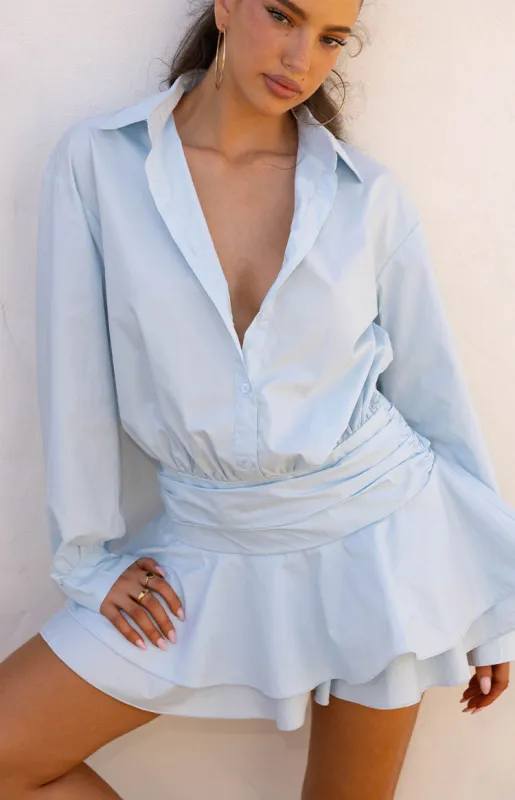 Nicolaini Light Blue Long Sleeve Mini Shirt Dress sold by Beginning Boutique