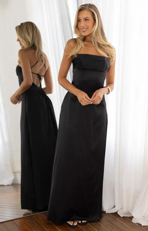 Blaise Black Satin Maxi Dress sold by Beginning Boutique