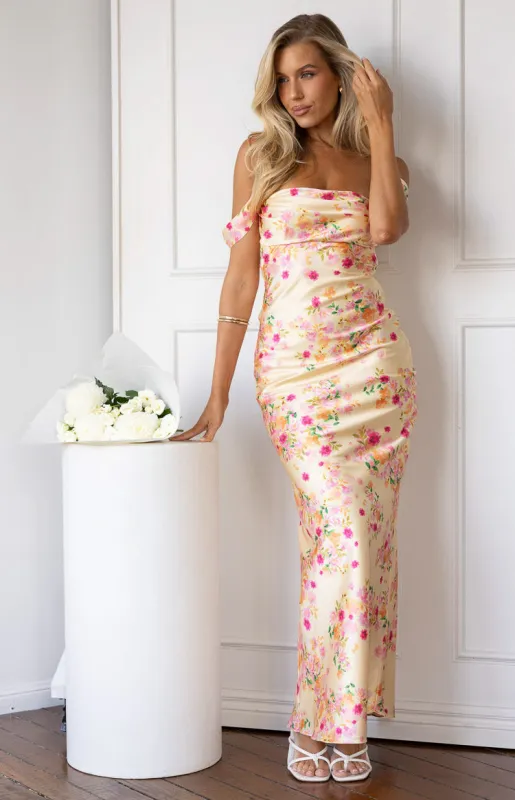 Ella Yellow Bloom Satin Maxi Dress sold by Beginning Boutique