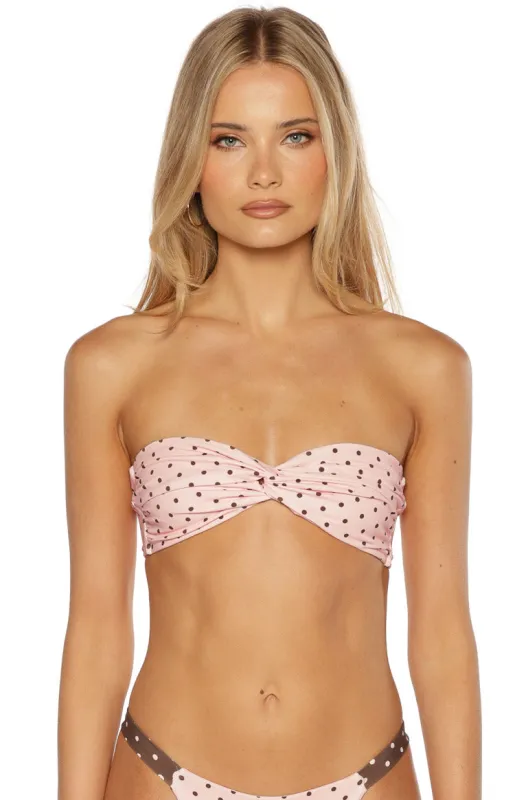 Noosa Pink Polka Dot Strapless Twist Bikini Top sold by Beginning Boutique