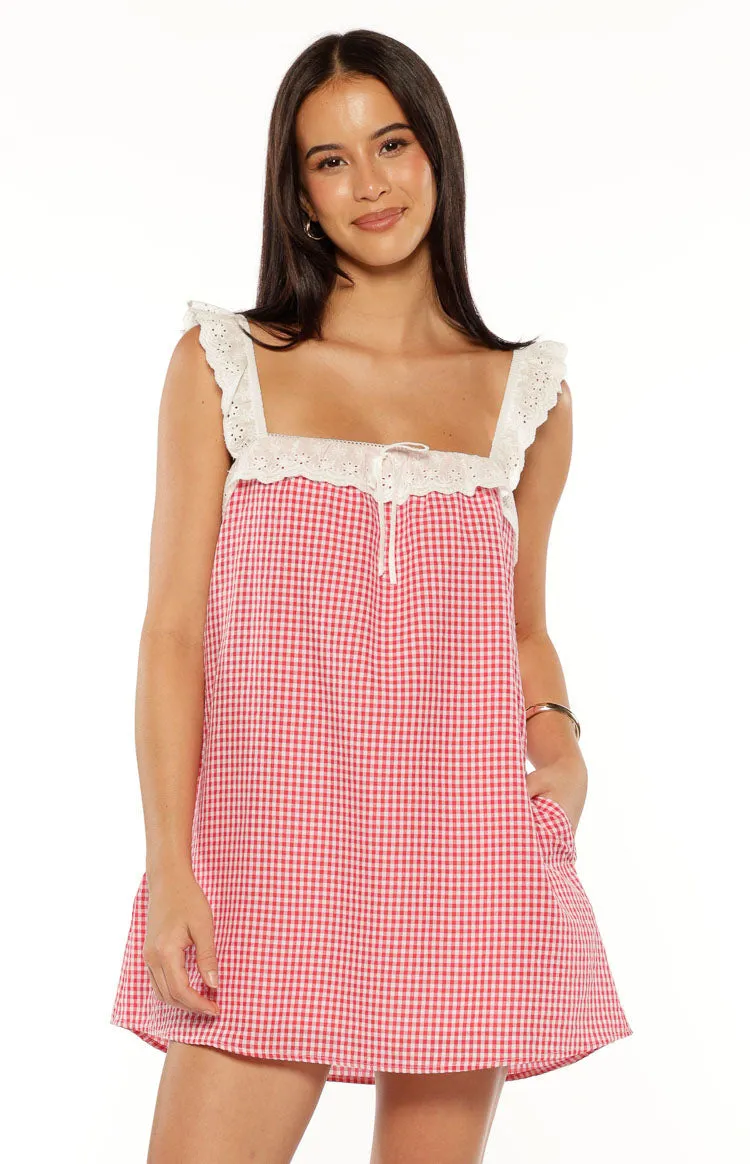 Harry Red Gingham Lace Mini Dress sold by Beginning Boutique product image thumbnail 2
