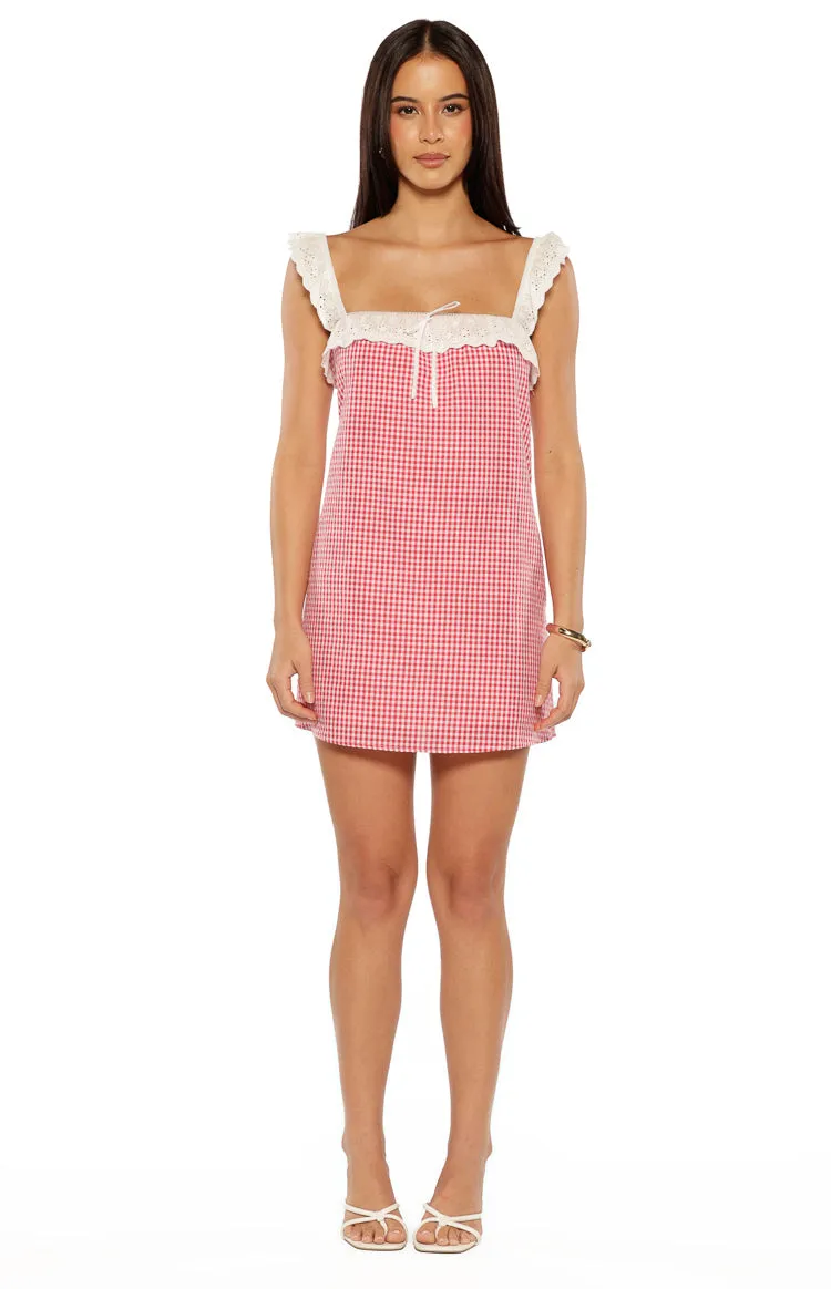 Harry Red Gingham Lace Mini Dress sold by Beginning Boutique product image thumbnail 4