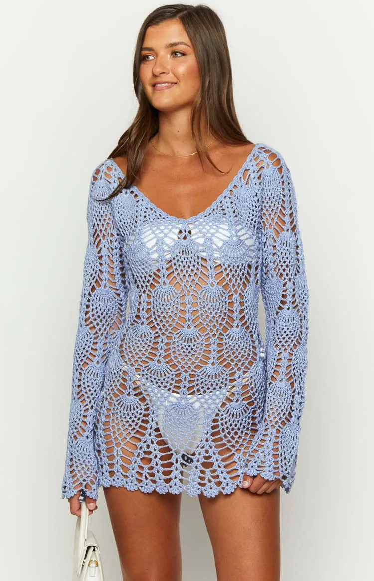 Kippa Blue Crochet Long Sleeve Mini Dress sold by Beginning Boutique product image thumbnail 4