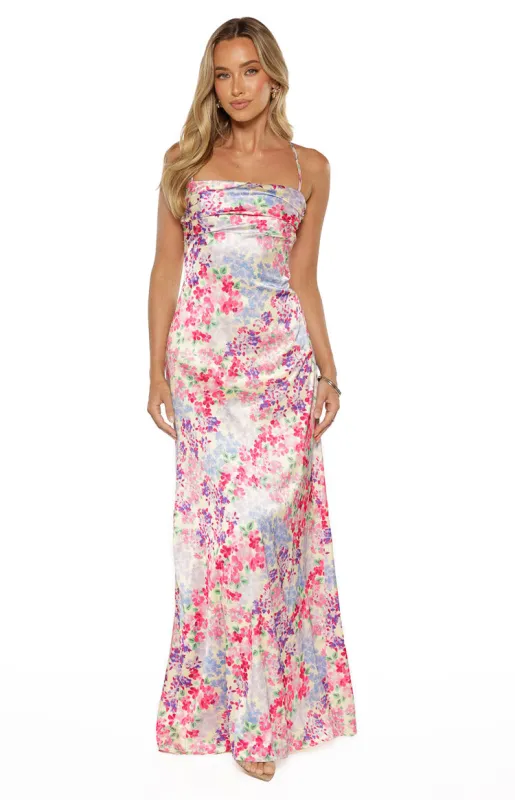Blaise Multi Floral Satin Maxi Dress sold by Beginning Boutique