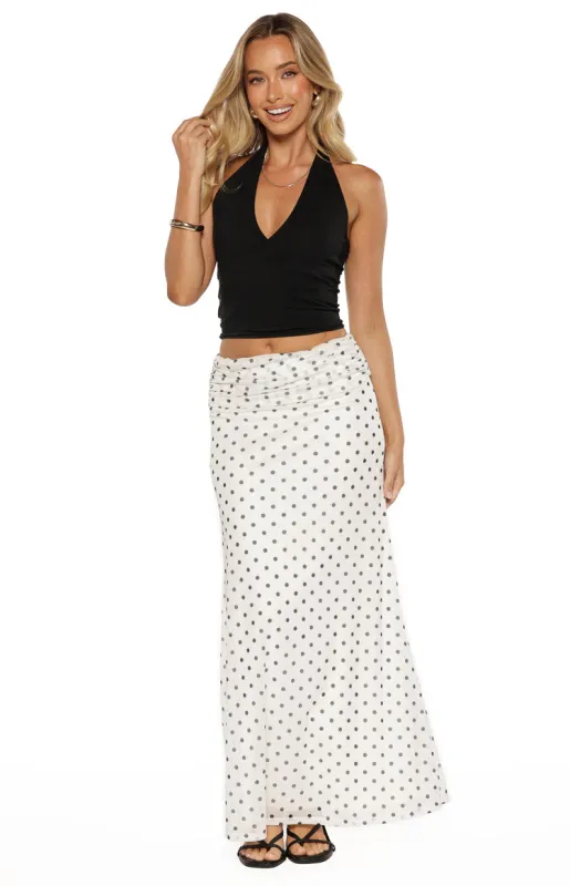 Rozie White Polka Dot Mesh Maxi Skirt sold by Beginning Boutique