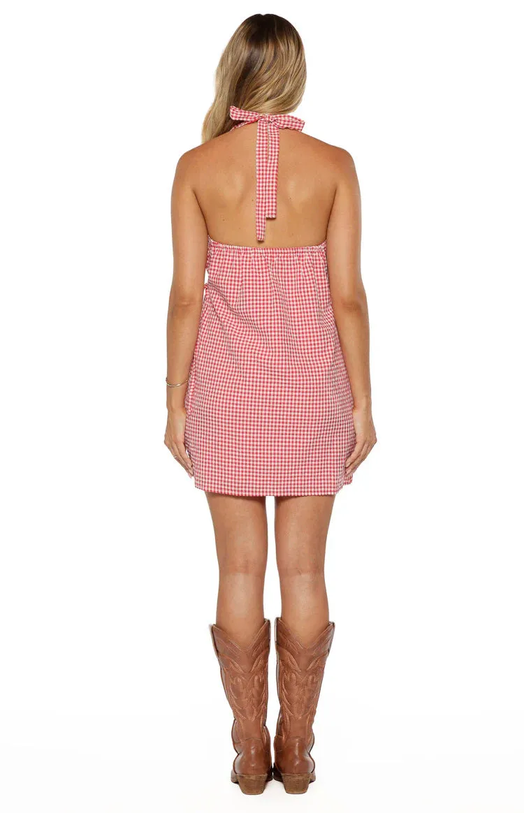 Althea Red Gingham Wrap Front Mini Dress sold by Beginning Boutique product image thumbnail 5