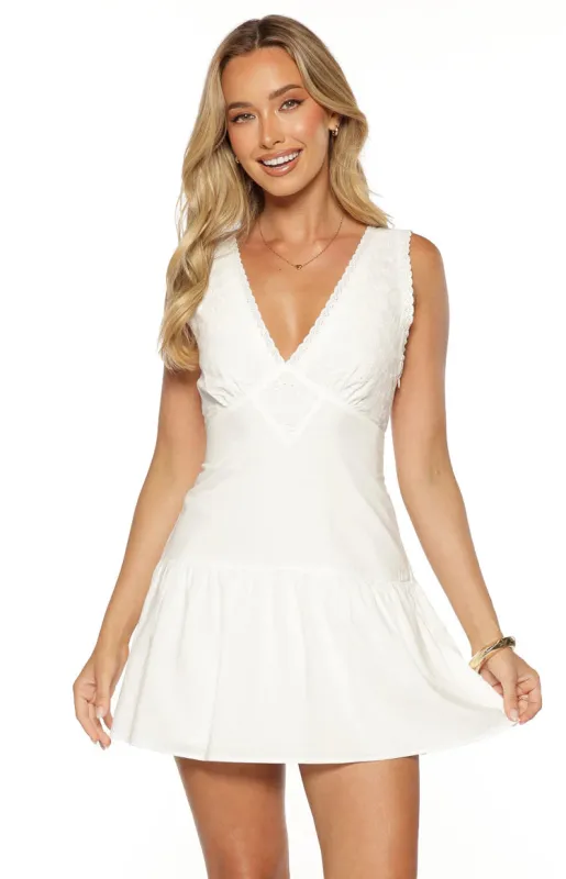 Lola White Cotton Broderie Detail Mini Dress sold by Beginning Boutique