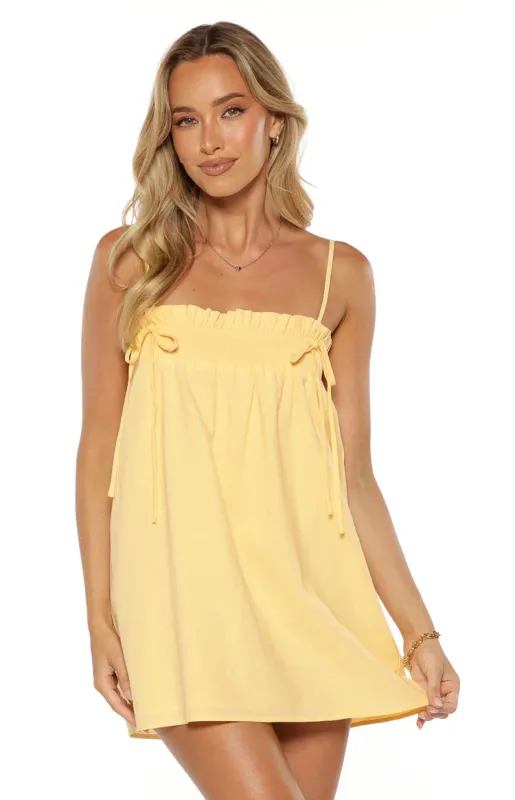 Leone Yellow Shirred Bust Mini Dress sold by Beginning Boutique