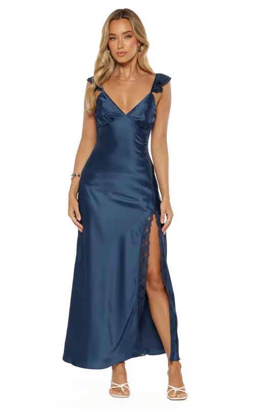 Wendy Navy Satin Maxi Dress sold by Beginning Boutique