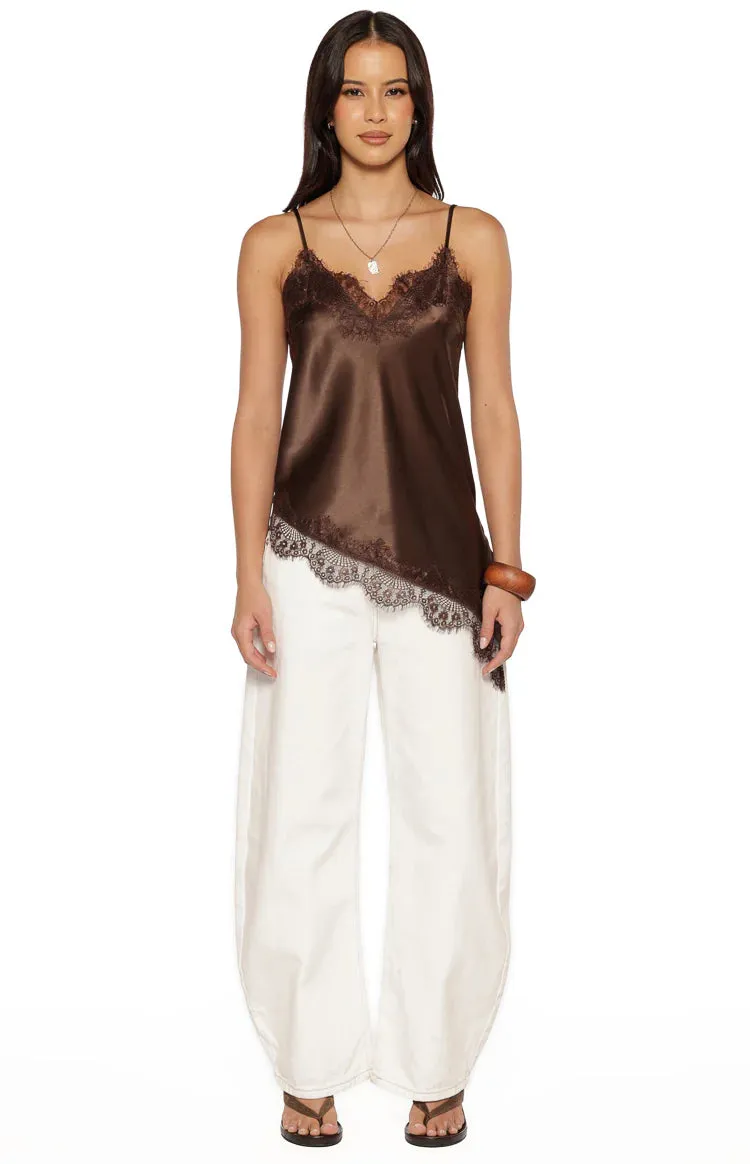 Ziva Brown Satin Lace Asymmetrical Top sold by Beginning Boutique product image thumbnail 5