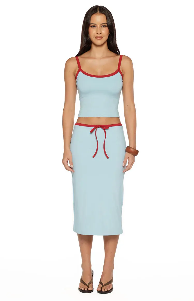 Myles Blue Tie Waist Jersey Midi Skirt sold by Beginning Boutique product image thumbnail 5