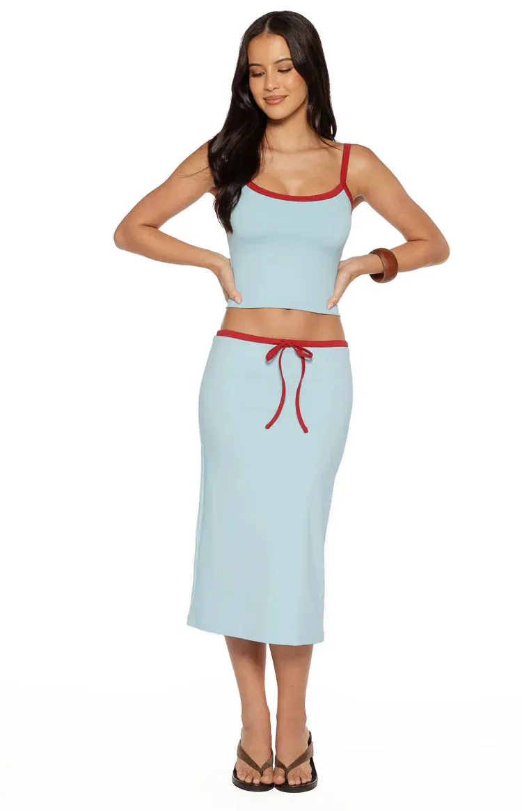 Myles Blue Tie Waist Jersey Midi Skirt sold by Beginning Boutique product image thumbnail 2