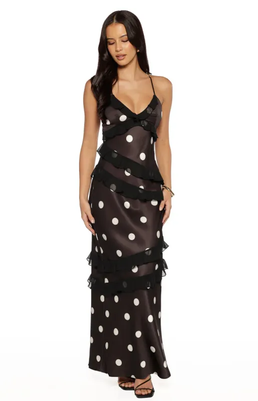Inara Black Polka Dot Ruffle Maxi Dress sold by Beginning Boutique
