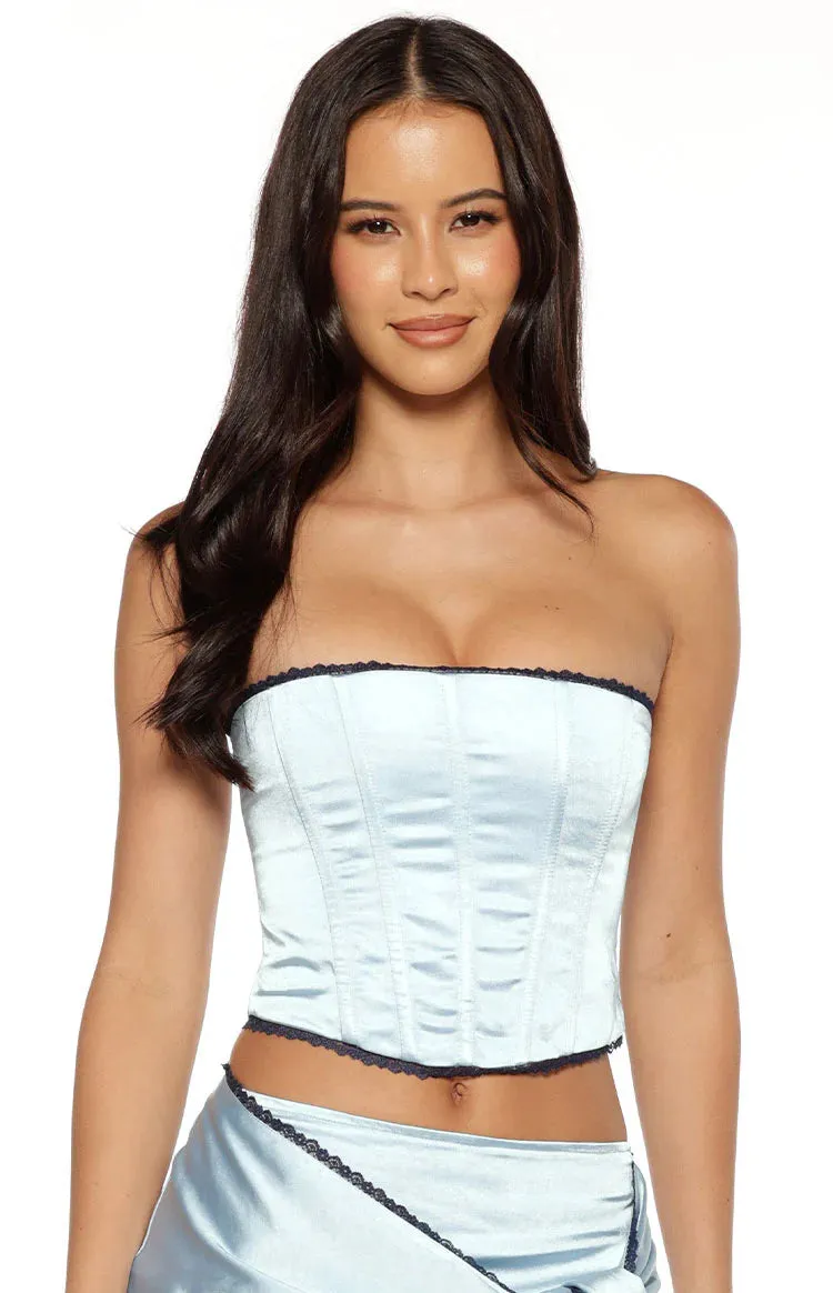 Elvi Blue Satin Corset Top sold by Beginning Boutique