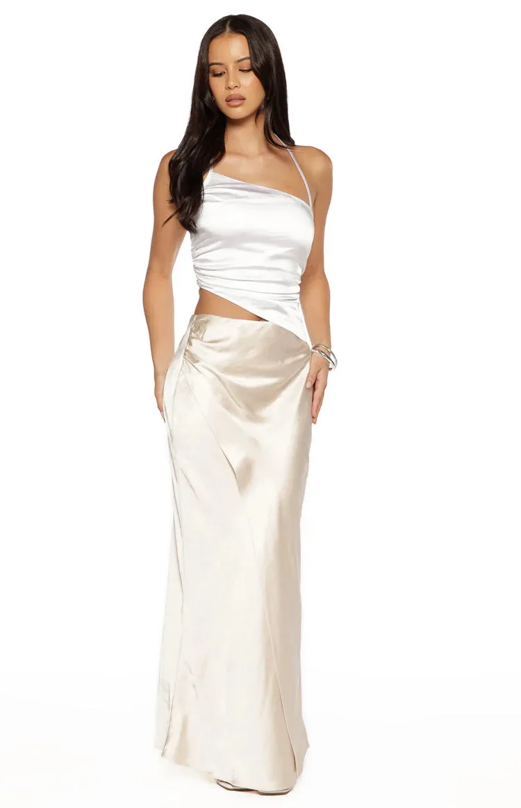 Gracie White Contrast Satin Maxi Dress sold by Beginning Boutique