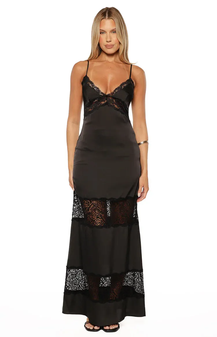 Freyja Black Lace Insert Satin Maxi Dress sold by Beginning Boutique product image thumbnail 5