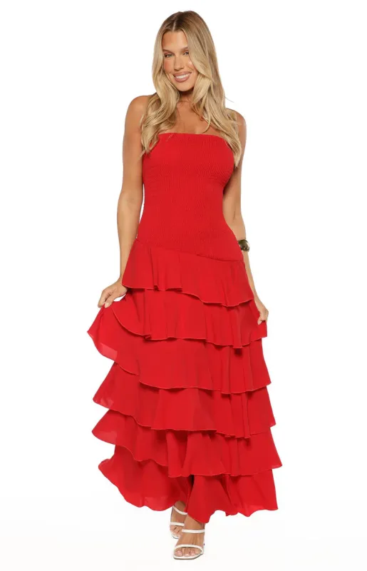 Riles Red Strapless Ruffle Maxi Dress sold by Beginning Boutique