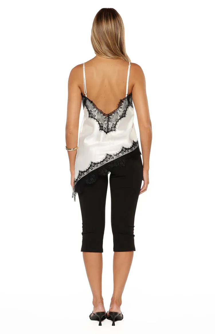 Ziva White Satin Lace Trim Asymmetrical Top sold by Beginning Boutique product image thumbnail 4