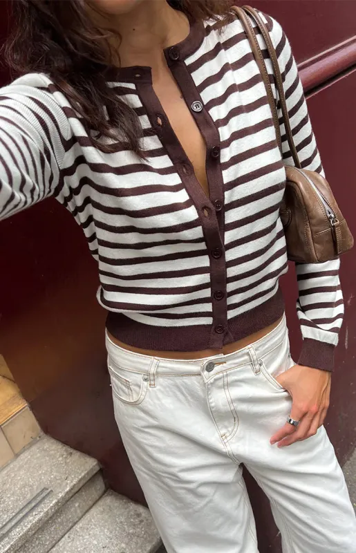 Lottie Chocolate Stripe Round Neck Cardigan sold by Beginning Boutique