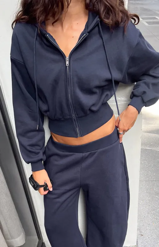 Dora Navy Zip Hoodie Sweater made by Beginning Boutique