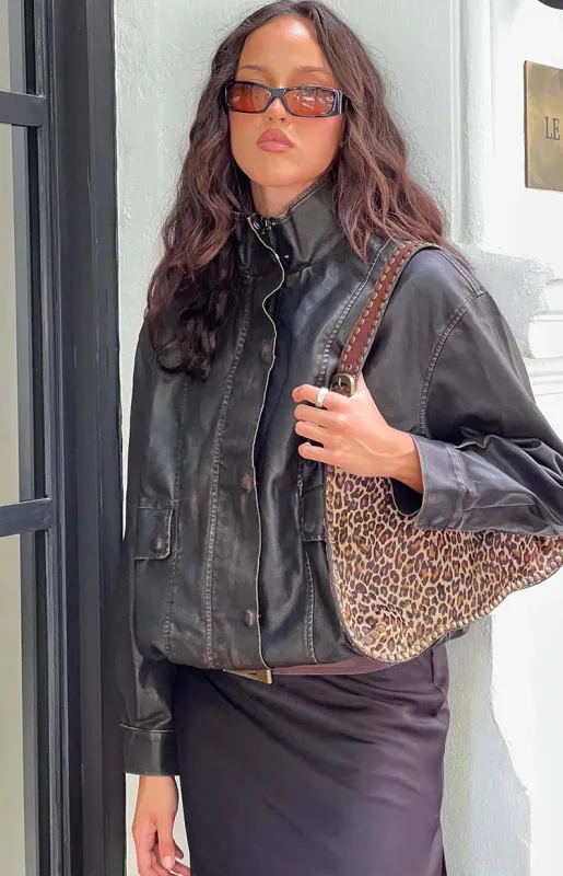 Blakely Brown Funnel Neck PU Jacket sold by Beginning Boutique