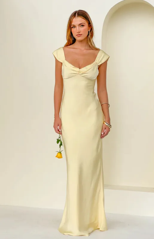 Jacky Yellow Satin Maxi Dress made by Beginning Boutique