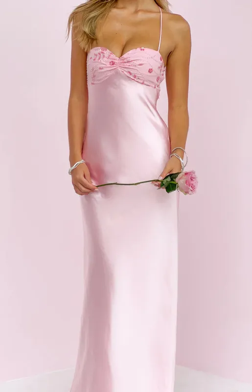 Chilli Pink Beaded Bust Satin Maxi Dress made by Beginning Boutique