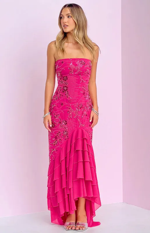 Khai Pink Ruffle Maxi Beaded Dress - PRE ORDER made by Beginning Boutique