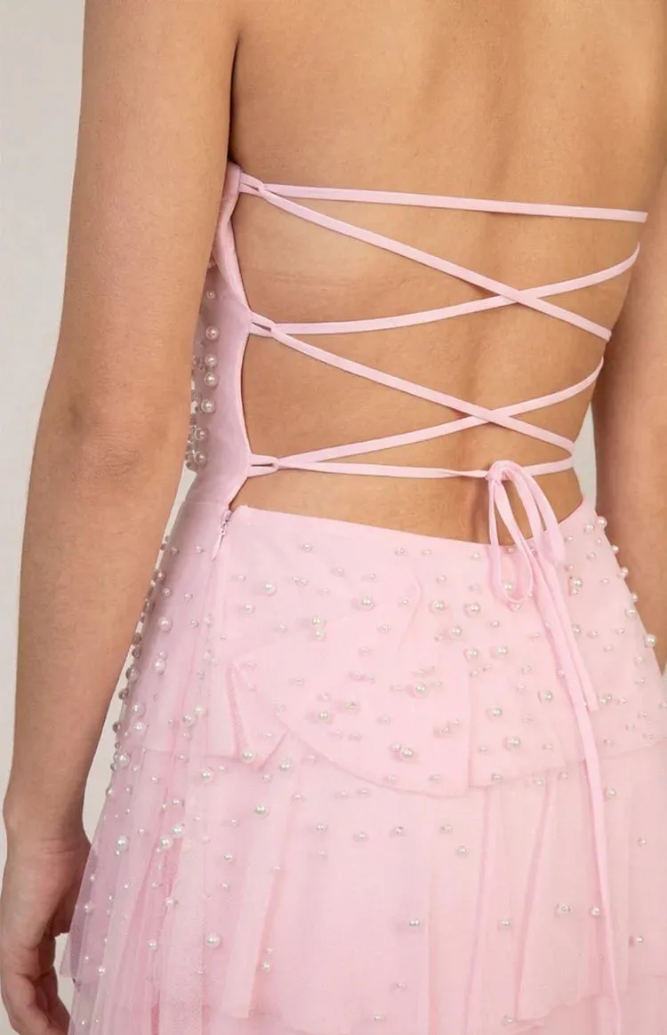 Kim Pink Statement Pearl Strapless Ruffle Maxi Dress - PRE ORDER sold by Beginning Boutique product image thumbnail 3