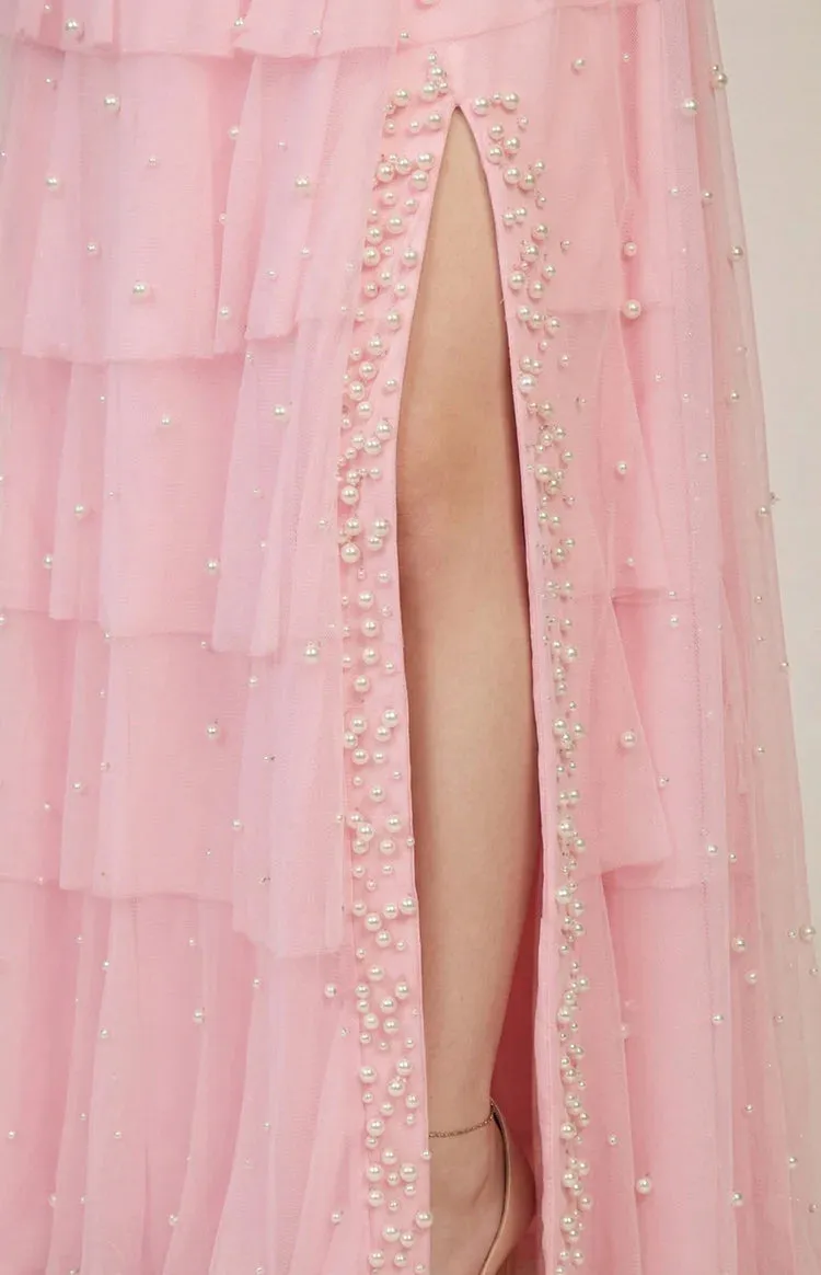 Kim Pink Statement Pearl Strapless Ruffle Maxi Dress - PRE ORDER sold by Beginning Boutique product image thumbnail 4