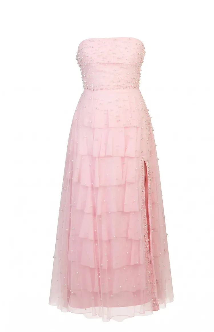 Kim Pink Statement Pearl Strapless Ruffle Maxi Dress - PRE ORDER sold by Beginning Boutique