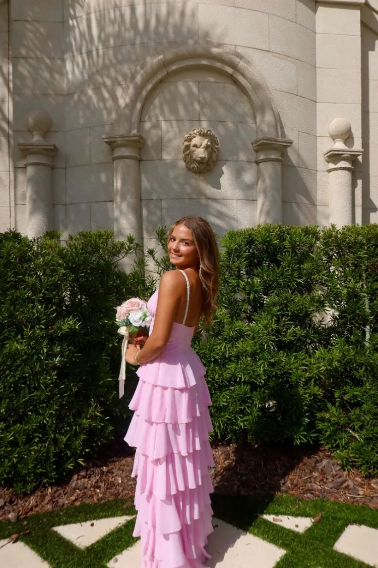 Felicity Pink Pearl Strap Ruffle Maxi Dress - PRE ORDER sold by Beginning Boutique