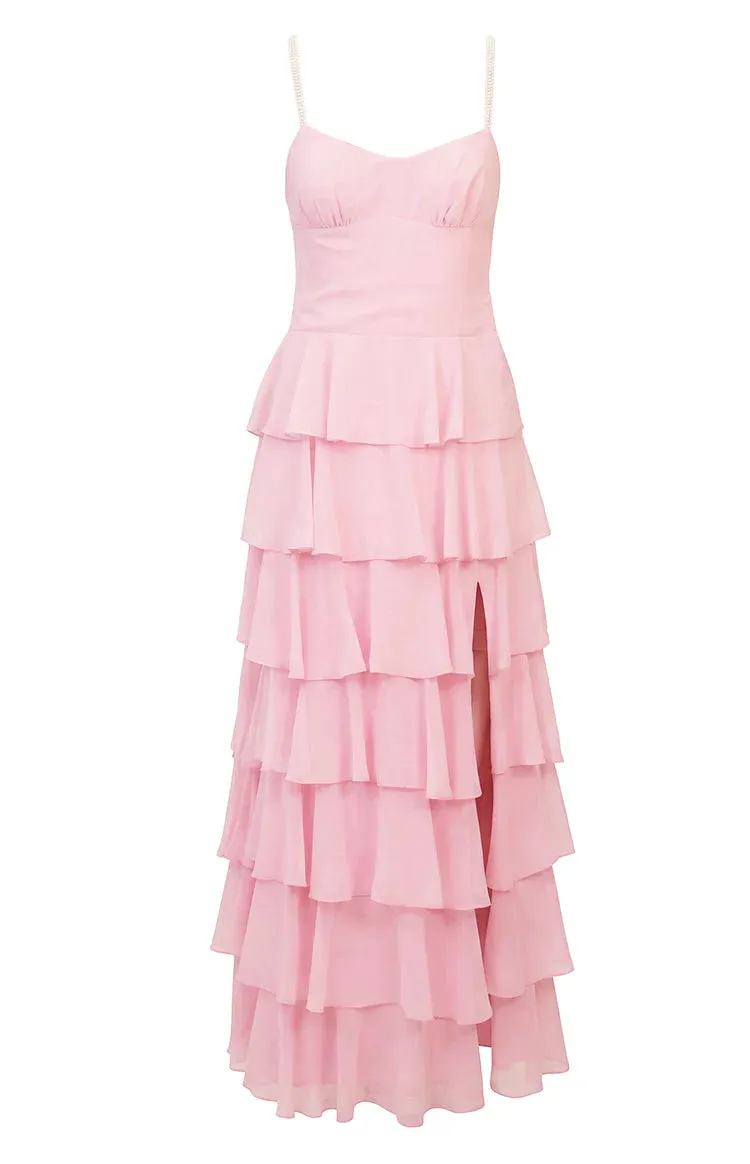 Felicity Pink Pearl Strap Ruffle Maxi Dress - PRE ORDER sold by Beginning Boutique product image thumbnail 2