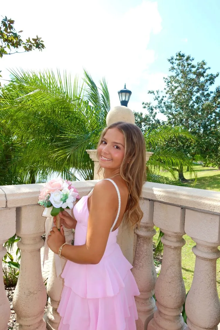 Felicity Pink Pearl Strap Ruffle Maxi Dress - PRE ORDER sold by Beginning Boutique product image thumbnail 5