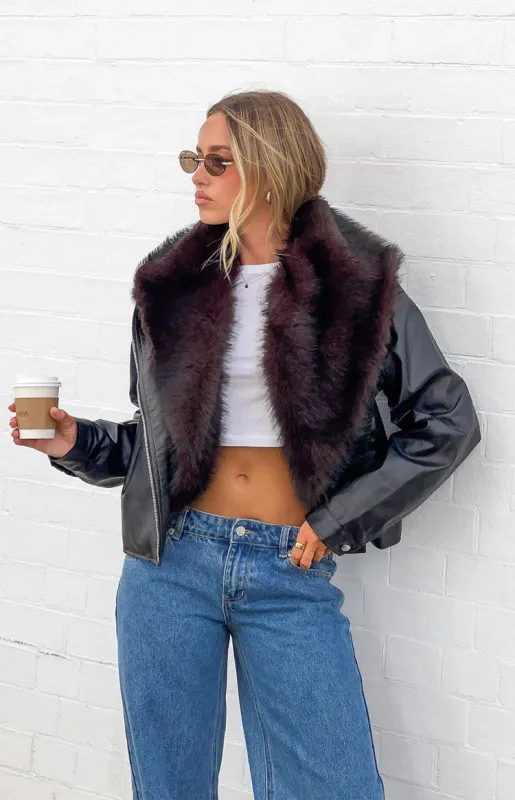 Dolci Black Fur Collar PU Jacket made by Beginning Boutique