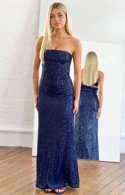 Maiah Navy Sequin Maxi Dress made by Beginning Boutique