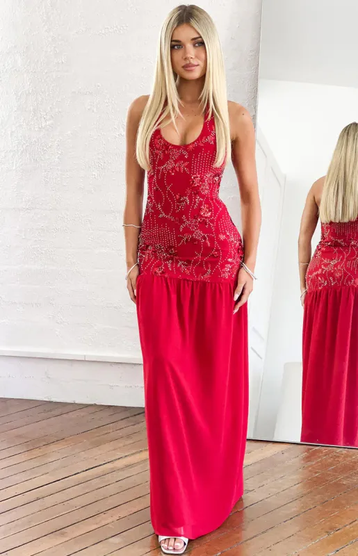 Aella Red Beaded Halter Maxi Dress made by Beginning Boutique
