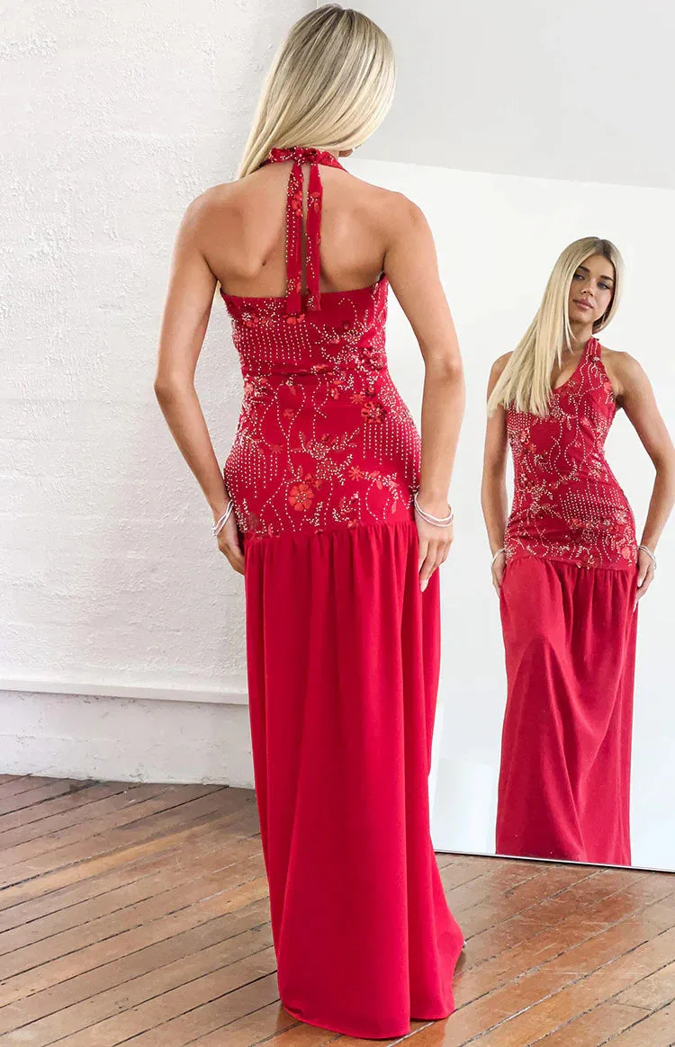 Aella Red Beaded Halter Maxi Dress sold by Beginning Boutique product image thumbnail 3
