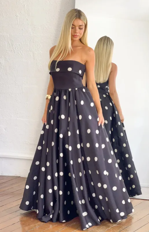 Julianne Strapless Polka Dot Satin Maxi Dress made by Beginning Boutique