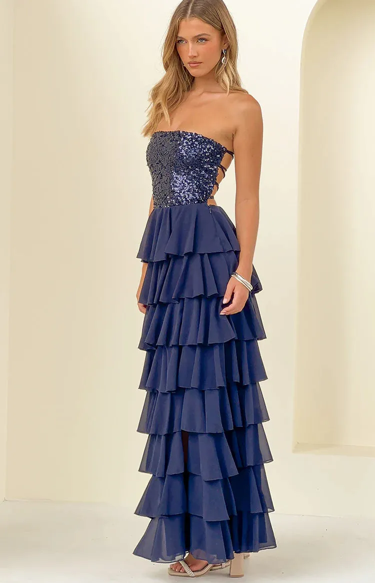 Kimberley Navy Sequin Strapless Ruffle Maxi Dress sold by Beginning Boutique product image thumbnail 3
