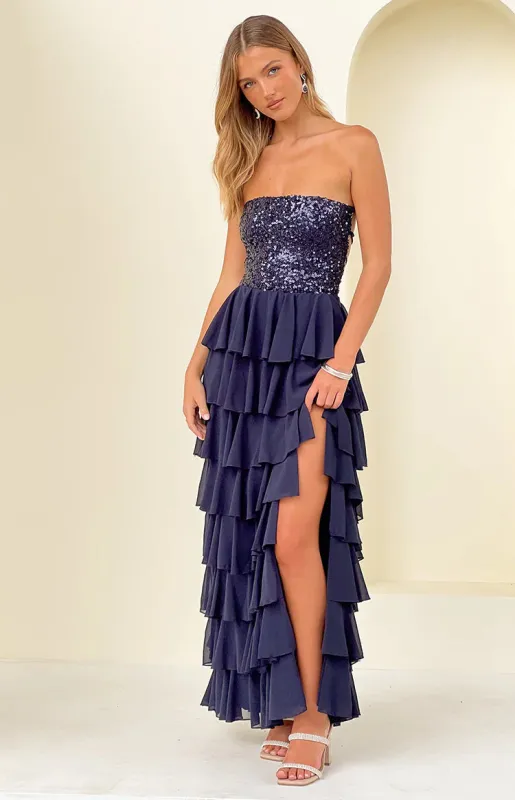 Kimberley Navy Sequin Strapless Ruffle Maxi Dress made by Beginning Boutique