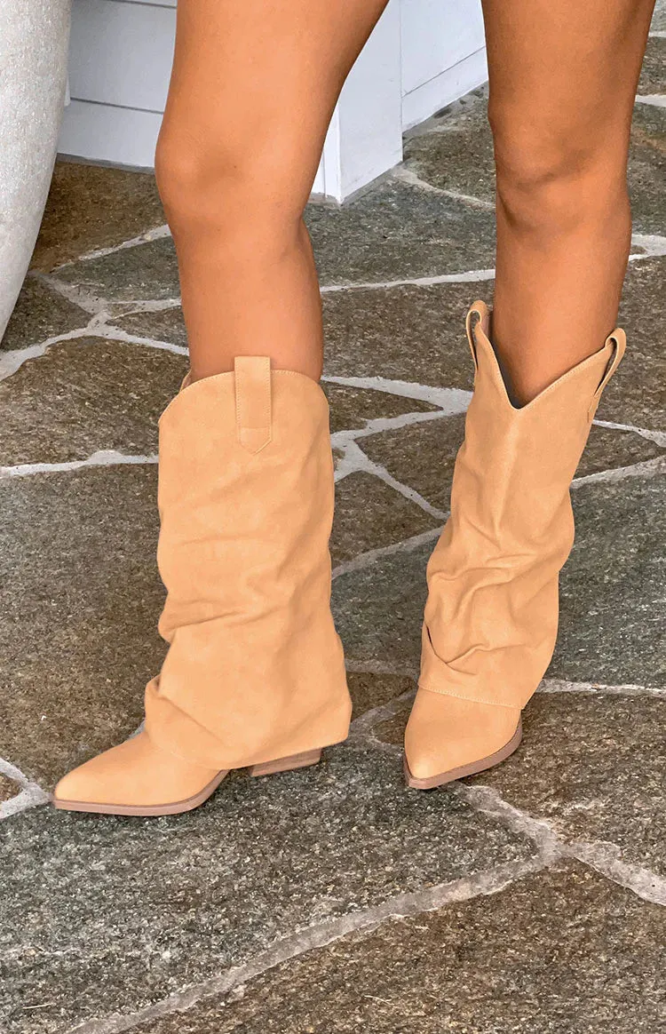 Blythe Tan Suedette Foldover Boots sold by Beginning Boutique product image thumbnail 2