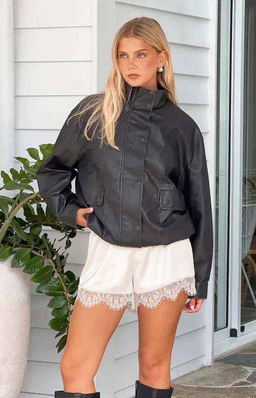 Blakely Black Funnel Neck PU Jacket made by Beginning Boutique