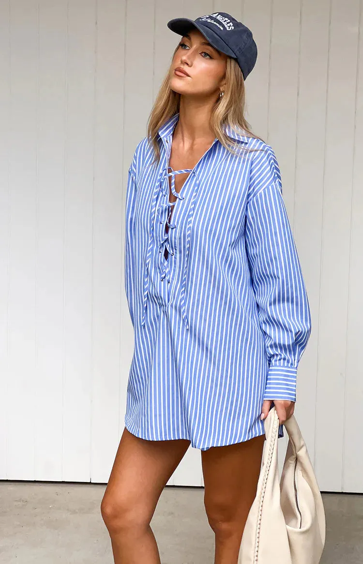Jasper Blue Pinstripe Lace Up Shirt Dress sold by Beginning Boutique product image thumbnail 4