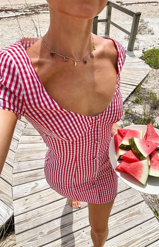 Lauree Red Gingham Button Front Mini Dress made by Beginning Boutique