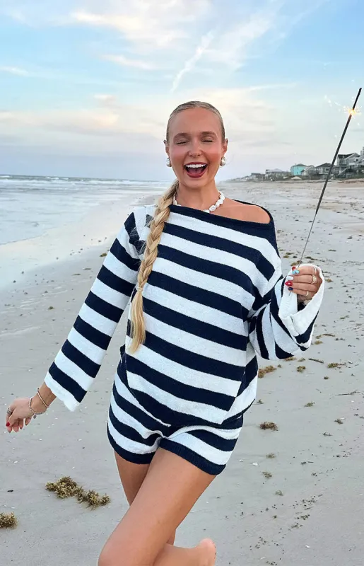 Willa Navy Stripe Knit Shorts made by Beginning Boutique