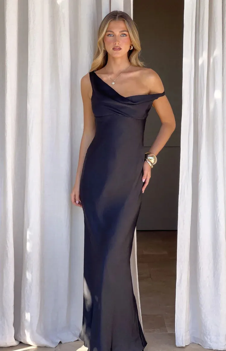 Charm Black Off Shoulder Formal Satin Maxi Dress sold by Beginning Boutique product image thumbnail 4