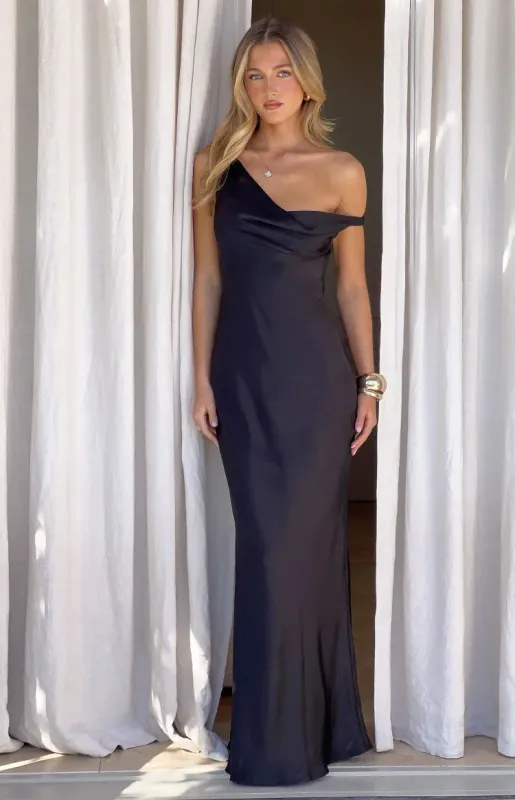 Charm Black Off Shoulder Formal Satin Maxi Dress made by Beginning Boutique
